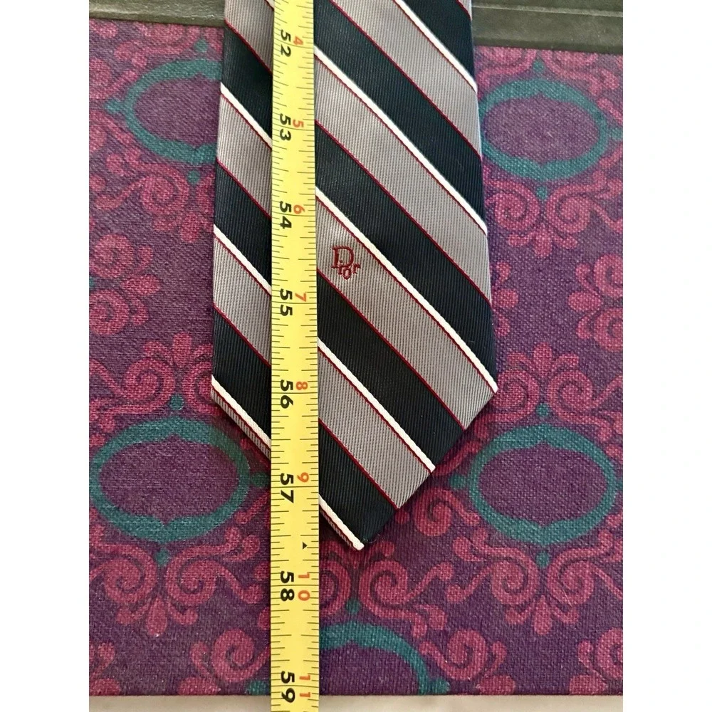 Vintage Christian Dior Paris New York Silk Tie Black Gray Red Stripe Logo EUC